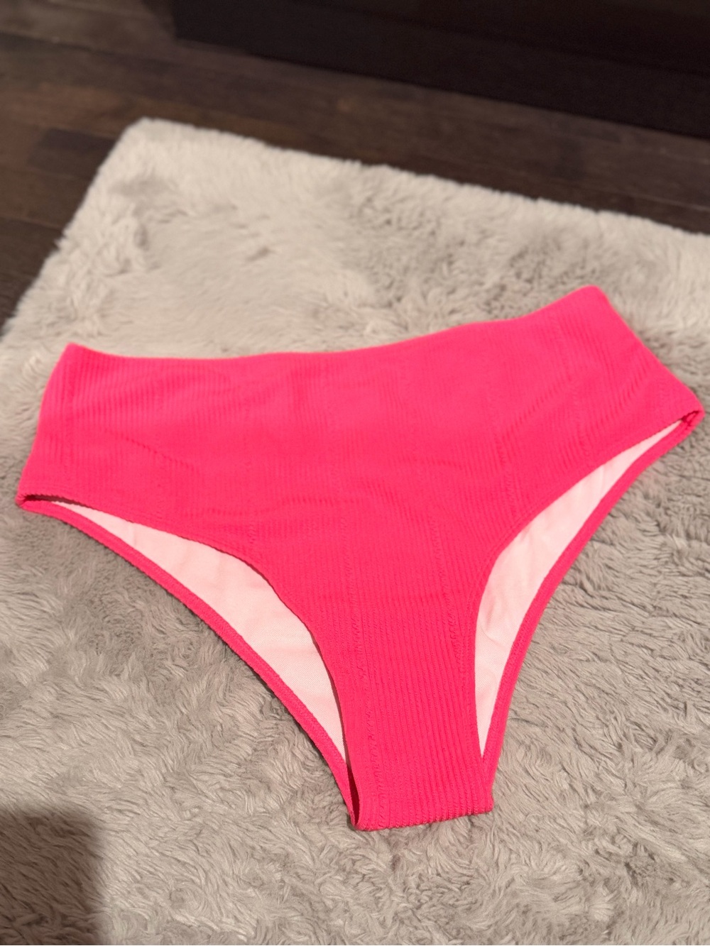 High-Waist Ribbed Bikini Bottom in Hot Pink